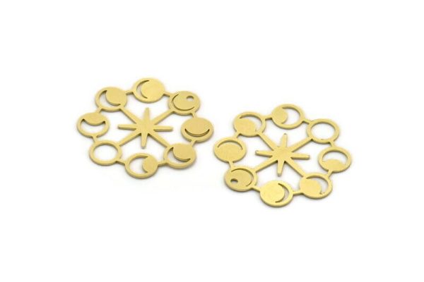 Brass Moon Charm, 4 Raw Brass Moon Phases Charms With 1 Hole, Star Charms, Findings (32x32x0.60mm) A6375 Online - Image 3
