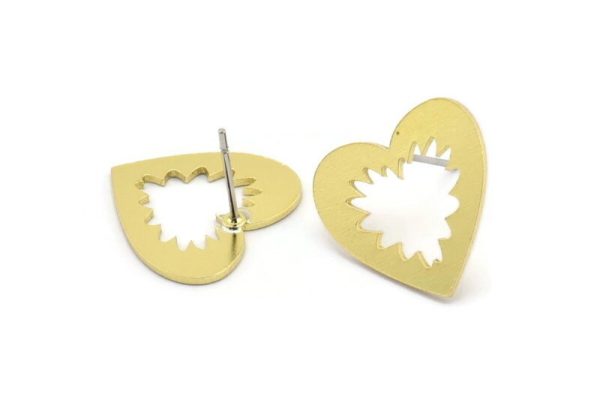 Brass Heart Earring, 8 Raw Brass Heart Shaped Stud Earrings (17x18x0.80mm) A2857 Fashion