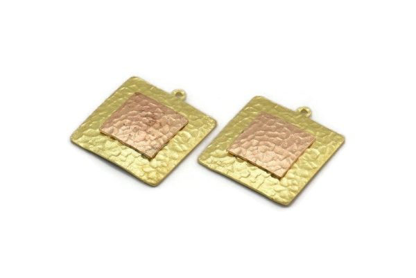 Brass Square Charm, Raw Brass And Raw Copper Square Charm With 1 Loop, Copper Charms, Mixed Material Findings (27x25x3mm) N2215 For Sale - Image 2