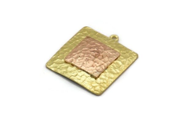 Brass Square Charm, Raw Brass And Raw Copper Square Charm With 1 Loop, Copper Charms, Mixed Material Findings (27x25x3mm) N2215 For Sale