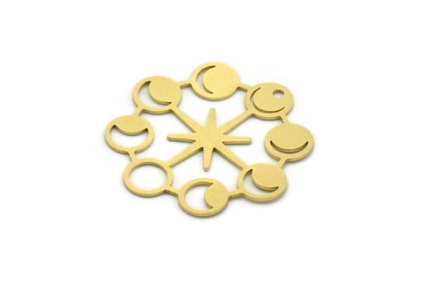 Brass Moon Charm, 4 Raw Brass Moon Phases Charms With 1 Hole, Star Charms, Findings (32x32x0.60mm) A6375 Online