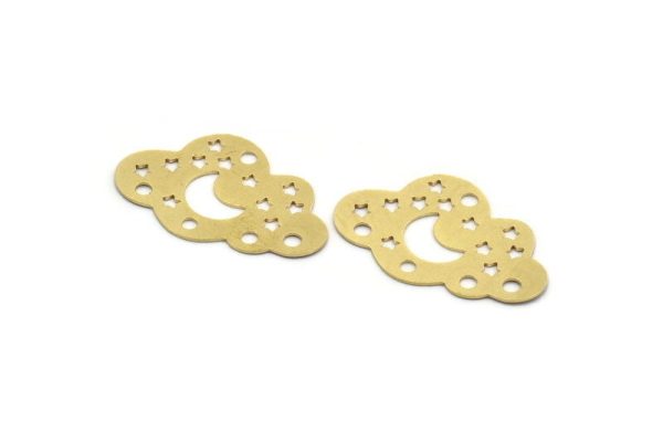 Brass Cloud Charm, 6 Raw Brass Crescent Moon And Star Patterned Charms, Cloudy Charms, Star Charms, Findings (22x35x0.60mm) A6372 For Cheap - Image 2