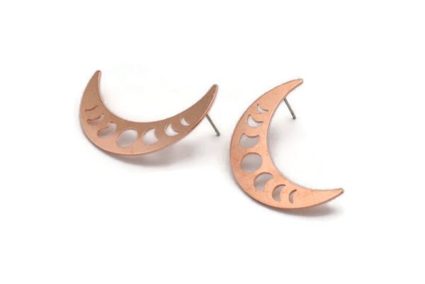 Copper Moon Earring, 4 Raw Copper Crescent Moon Stud Earrings (36x9x0.80mm) M01471 A5490 For Sale - Image 2