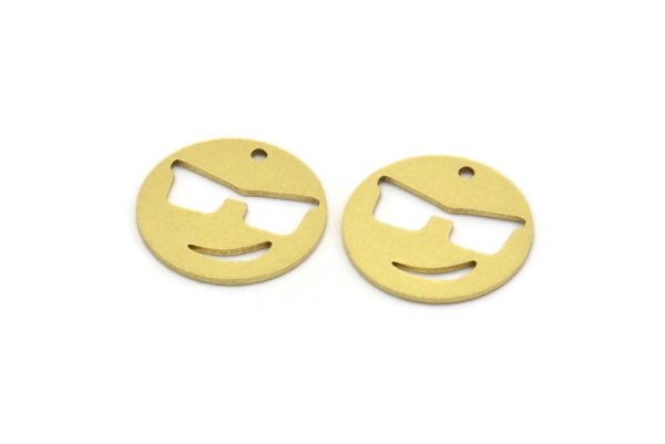 Brass Emoji Charm, 8 Raw Brass Emoji Face Charms With 1 Hole, Sunglasses Face, Smiley Face, Findings (18x0.80mm) A5566 For Sale - Image 2
