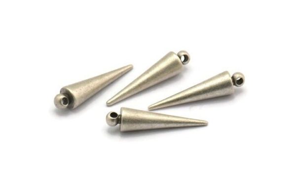 Silver Spike Charm, 4 Antique Silver Plated Brass Spike Tribal Pendants With 1 Loop (6x25mm) D1508 For Sale